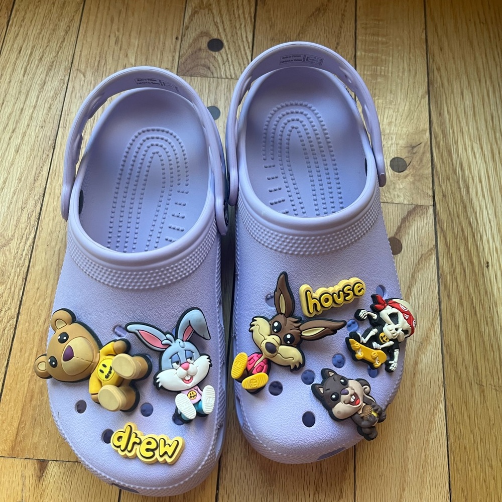 Drew house justin bieber purple crocs with all Charms